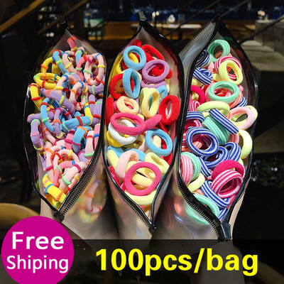 100 бр./лот Kawaii Girls Scrunchies Еластична лента за коса Детски аксесоари за коса за жени Вратовръзка за коса Пръстен за коса Въже Шапки Ленти за глава