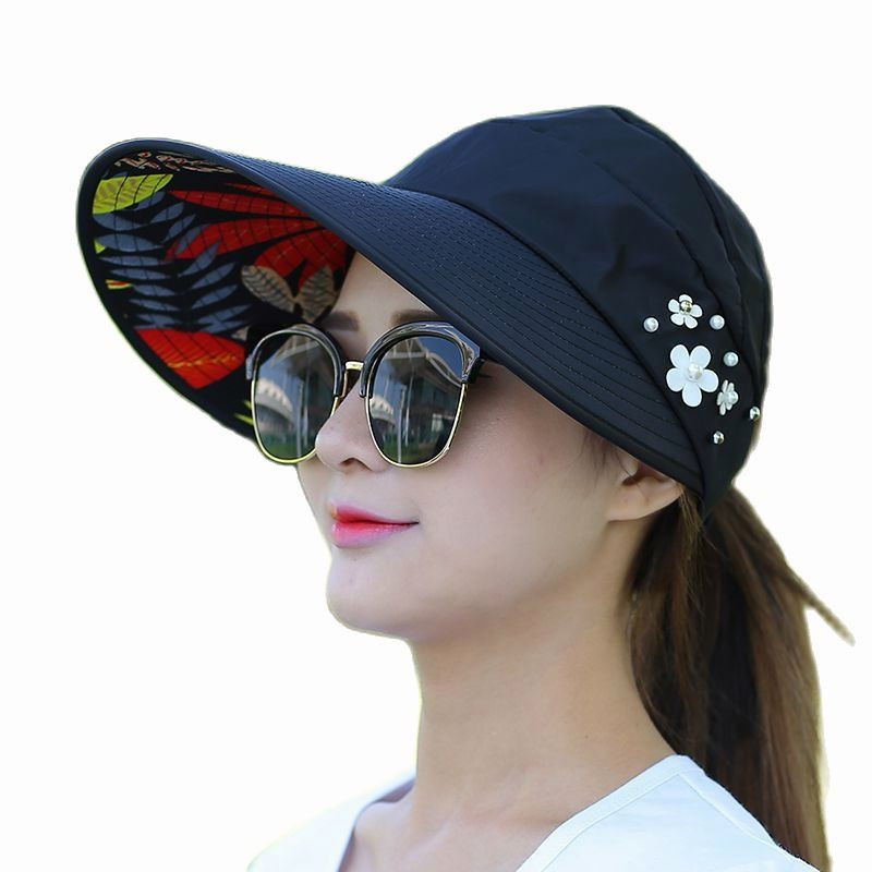 Ljetni šeširi za žene Sklopivi šešir za sunce Vizir s bisernim cvijetom Krema za sunčanje Floppy kapa Ženska bejzbol kapa za slobodno vrijeme na otvorenom