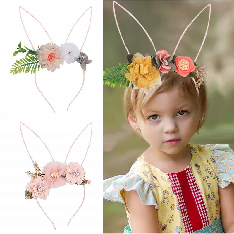 CN Benzile de păr cu flori din organza pentru fete Bentita de iepuraș de Paște Crăciun de petrecere pentru copii Cadouri de Paște Accesorii de păr Urechi de iepure Iepuraș