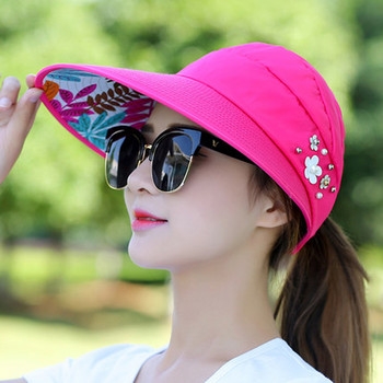Летни шапки за жени Сгъваема слънчева шапка с козирка с перлени цветя Слънцезащитен флопи шапка Женска външна бейзболна шапка Шапка за жени
