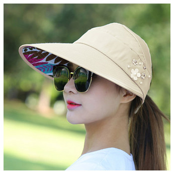 Летни шапки за жени Сгъваема слънчева шапка с козирка с перлени цветя Слънцезащитен флопи шапка Женска външна бейзболна шапка Шапка за жени