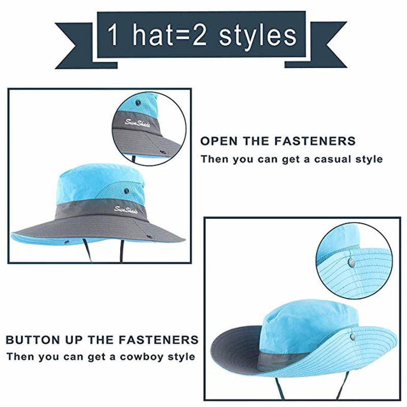 Safari šeširi za sunčanje za žene Ljetni šešir sa širokim obodom UV UPF zaštita Konjski rep za ribolov na otvorenom Šešir za planinarenje za žene 2021.