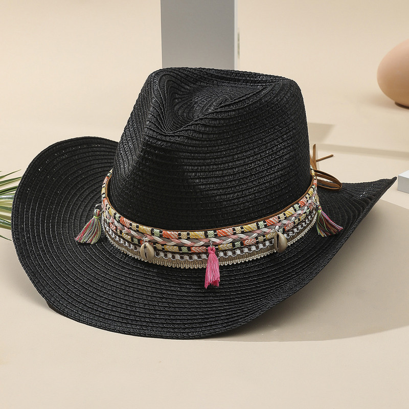 Veleprodaja Ženski ružičasti kaubojski šešir s resicama Floppy šeširi za plažu Ljetni slamnati šeširi Ženski šešir s UV zaštitom Panama šešir od sunca