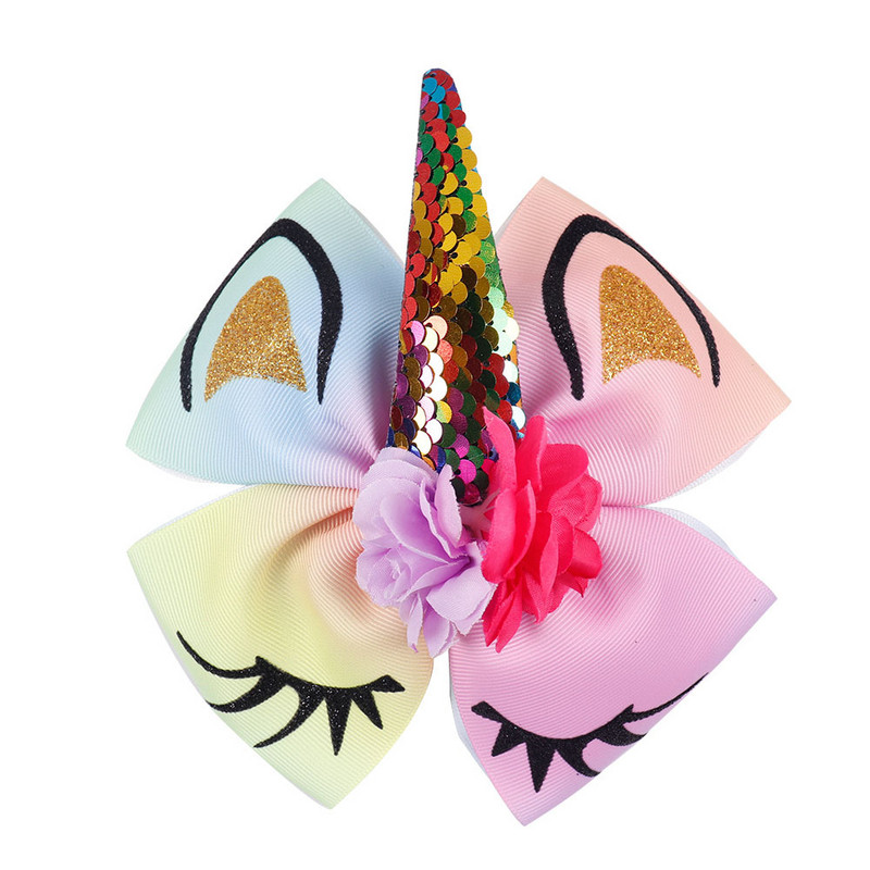 1 ks 6-palcové veľké veľké mašle do vlasov, trblietavé flitrované jednorožcové mašle do vlasov, dúhové mašle do vlasov, sponky do vlasov s aligátorom, vlasové doplnky