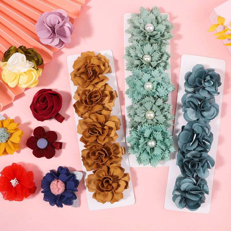 5 bucăți/set fete șifon flori lucrate manual cu agrafe de păr pentru copii prințesă trandafir agrafe pentru pânză accesorii cap cu ridicata
