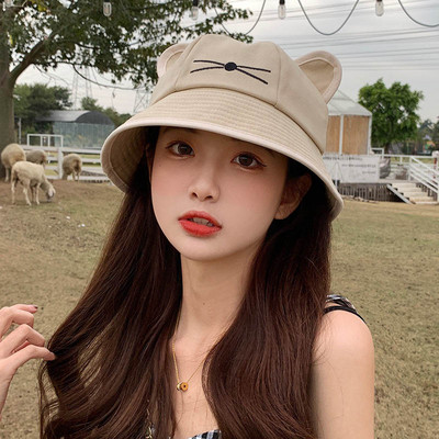 Cute Cartoon Cat Urechi Femei Pălărie găleată Vară în aer liber Pălării de soare Doamnelor Fete Panama Cap