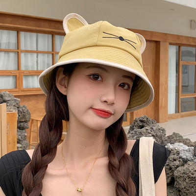 Cute Cartoon Cat Urechi Femei Pălărie găleată Vară în aer liber Pălării de soare Doamnelor Fete Panama Cap