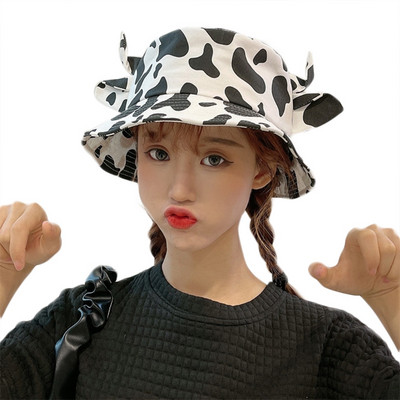 Coreeană femei bărbați vară bumbac găleată pălărie model de vacă cu lapte Kawaii 3D corn de bou urechi cu bor lat protecție solară șapcă pescar