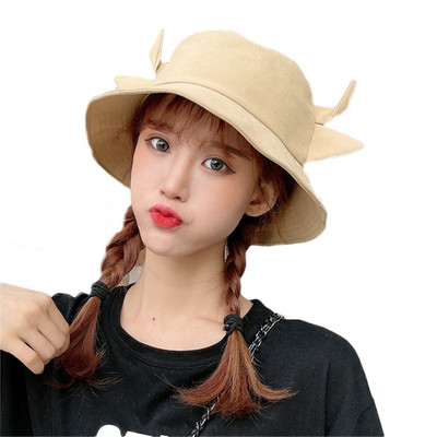 Coreeană femei bărbați vară bumbac găleată pălărie model de vacă cu lapte Kawaii 3D corn de bou urechi cu bor lat protecție solară șapcă pescar