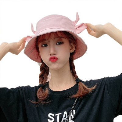 Coreeană femei bărbați vară bumbac găleată pălărie model de vacă cu lapte Kawaii 3D corn de bou urechi cu bor lat protecție solară șapcă pescar
