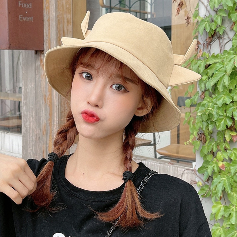 Coreeană femei bărbați vară bumbac găleată pălărie model de vacă cu lapte Kawaii 3D corn de bou urechi cu bor lat protecție solară șapcă pescar