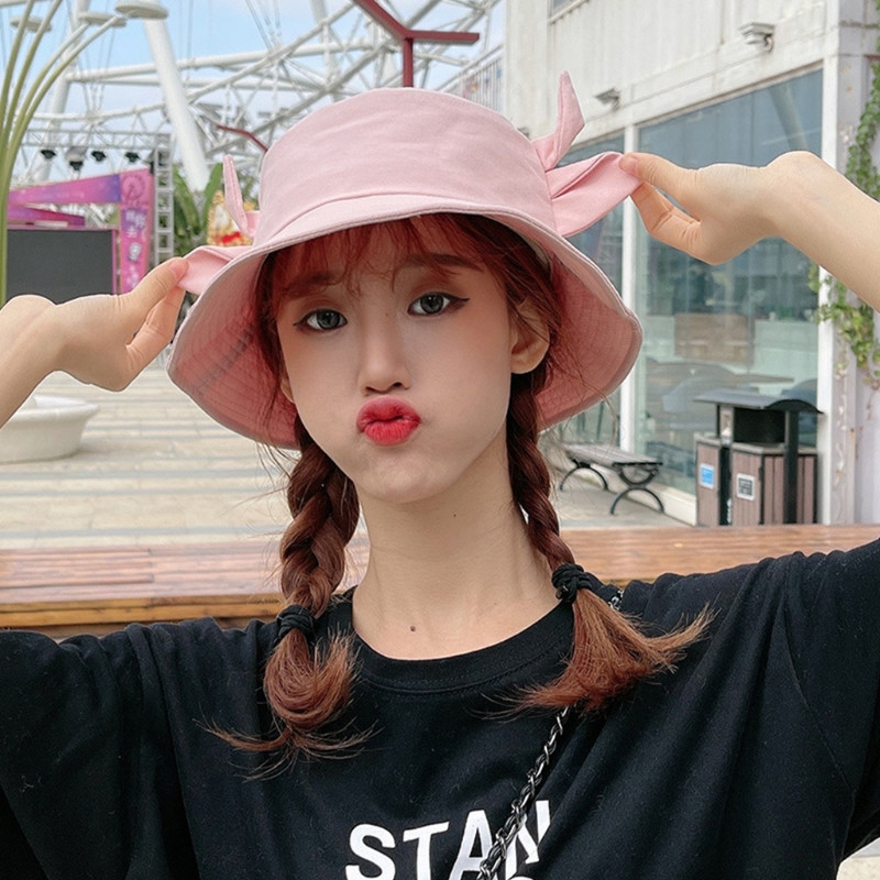 Coreeană femei bărbați vară bumbac găleată pălărie model de vacă cu lapte Kawaii 3D corn de bou urechi cu bor lat protecție solară șapcă pescar