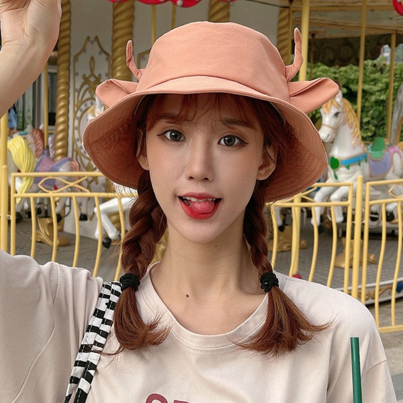 Coreeană femei bărbați vară bumbac găleată pălărie model de vacă cu lapte Kawaii 3D corn de bou urechi cu bor lat protecție solară șapcă pescar