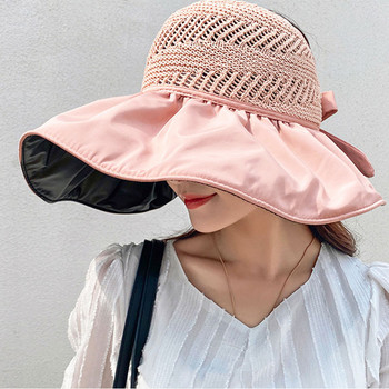 Καλοκαιρινό γυναικείο καπέλο κουβά Προστασία από υπεριώδη ακτινοβολία Μεγάλο φαρδύ γείσο Παραλία Καπέλα ξαπλώστρας Κενά Καπέλα Αλογοουρά Καπέλα Φιόγκοι Γυναικεία Κορίτσια Καπέλα Παναμά