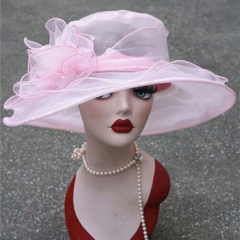 1Pcs Γυναικεία Organza Fedoras Kentucky Derby Wide Brim Wedding Church Casasional καπέλα