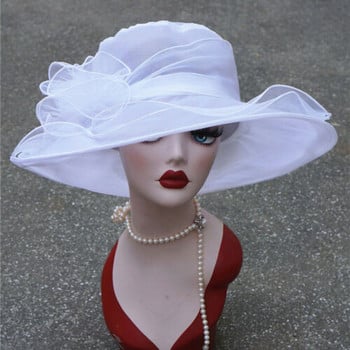 1Pcs Γυναικεία Organza Fedoras Kentucky Derby Wide Brim Wedding Church Casasional καπέλα