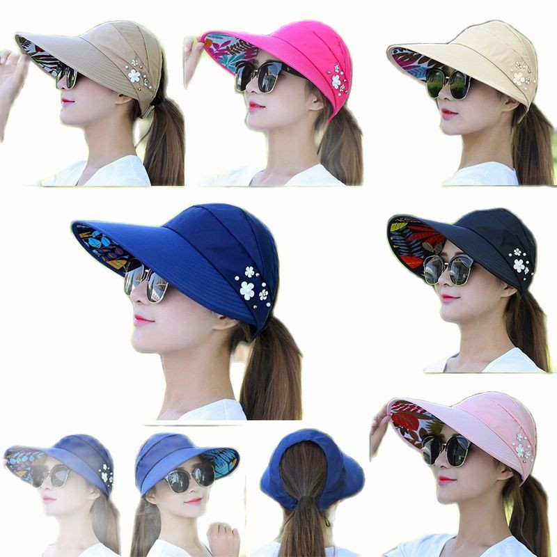 Letné klobúky pre ženy, skladací slnečný klobúk s perlovým kvetinovým šiltom, opaľovací krém, disketová čiapka, dámska vonkajšia ležérna baseballová čiapka