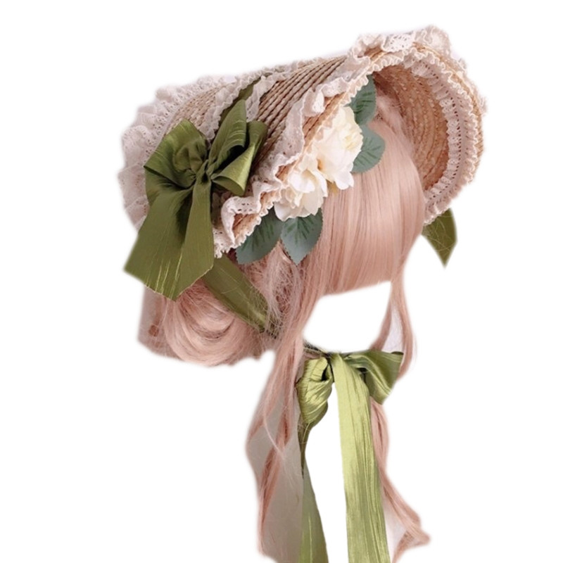N58F Vynikajúci plochý klobúk s čipkou a kvetinovou stuhou, klobúk, ručne vyrobený slamený klobúk na pastorálny čajový večierok
