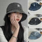Modni traper šešir s vezom od slova R, uniseks, isprani pamuk, za vanjske prilike, široki obodi, kape za sunčanje, putne panama kape
