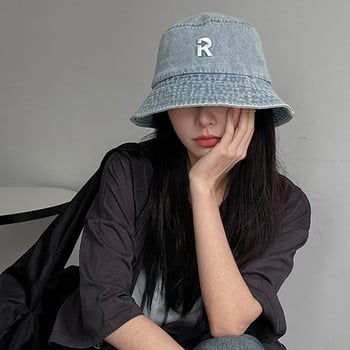 Fashion Letter R Κέντημα Τζιν Καπέλο με κάδο Unisex Πλυμένο βαμβακερό γείσο εξωτερικού χώρου Φαρδύ γείσο Καπέλα ηλίου Travel Fordable Panama Cap