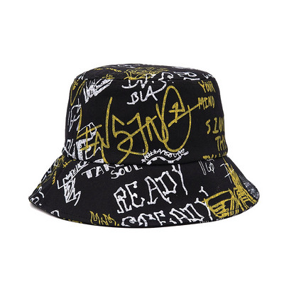 Pălărie de tip găleată pentru femei, cu imprimeu cu litere graffiti, pălărie de pescar, bărbați, șapcă de soare de vară, pălărie Panama pliabilă pentru plajă, călărie în aer liber