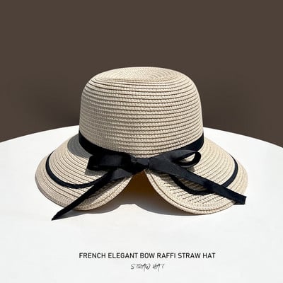 Pălărie de paie de damă, versiunea coreeană de vară, cu fundă elegantă, pălării de soare, șepci de plajă de vacanță, Panama pentru femei