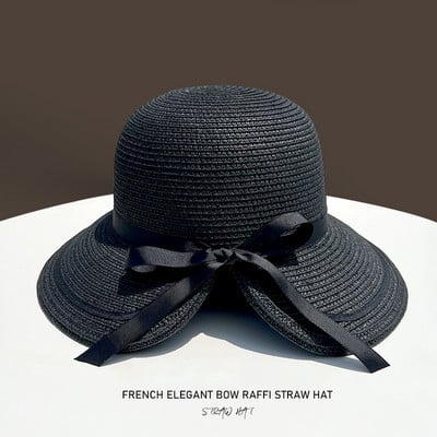 Pălărie de paie de damă, versiunea coreeană de vară, cu fundă elegantă, pălării de soare, șepci de plajă de vacanță, Panama pentru femei