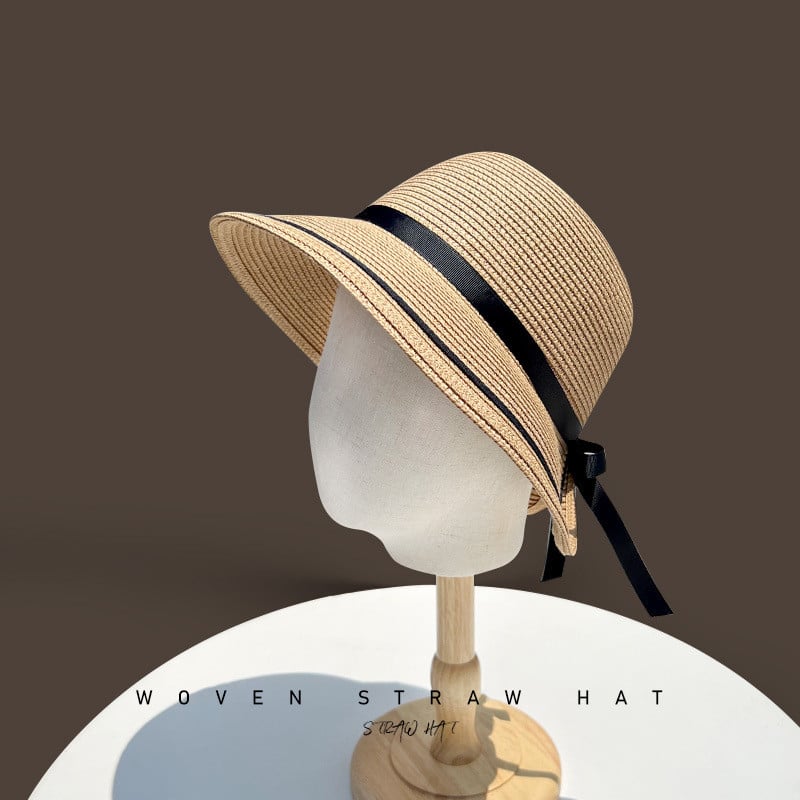 Pălărie de paie de damă, versiunea coreeană de vară, cu fundă elegantă, pălării de soare, șepci de plajă de vacanță, Panama pentru femei