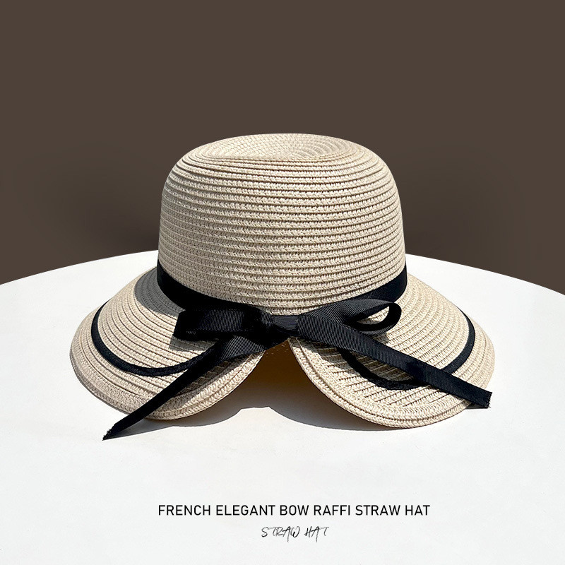 Pălărie de paie de damă, versiunea coreeană de vară, cu fundă elegantă, pălării de soare, șepci de plajă de vacanță, Panama pentru femei