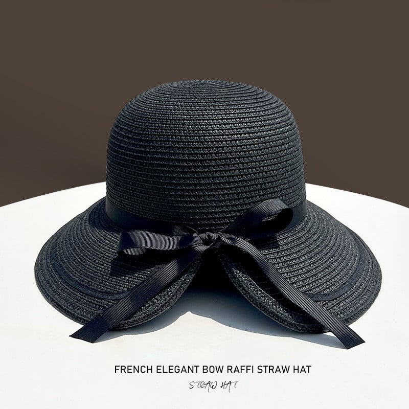 Pălărie de paie de damă, versiunea coreeană de vară, cu fundă elegantă, pălării de soare, șepci de plajă de vacanță, Panama pentru femei