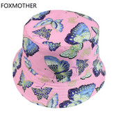 FOXMOTHER New Fashion Pink Butterfly Print Pălării de găleată Femei Şapci de soare Pescar