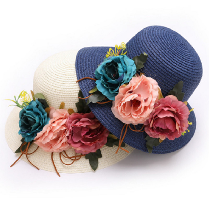 Dámsky kvetinový slamený klobúk, vonkajší slnečný opaľovací krém, skladací plážový klobúk MZ015