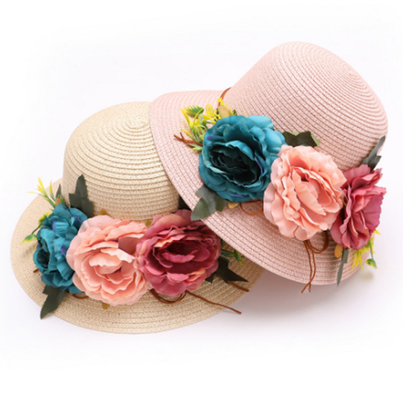 Dámsky kvetinový slamený klobúk, vonkajší slnečný opaľovací krém, skladací plážový klobúk MZ015