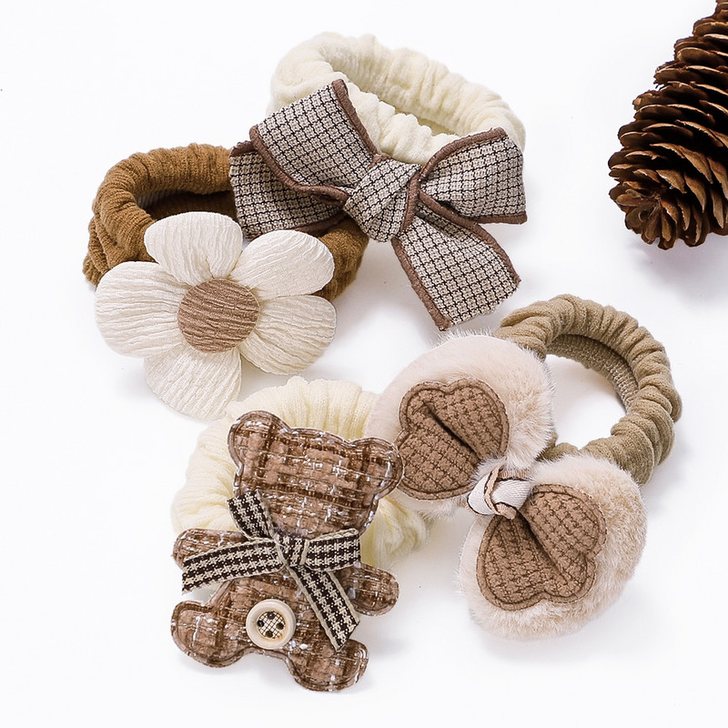 Bandă de păr cu ursuleț drăguț din desene animate Bandă de păr cu fundă Bentite pentru fete Banda elastică pentru cap cu flori de zi cu flori Accesorii de păr pentru copii Ornament