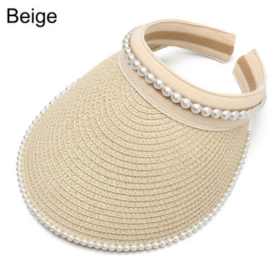 Ljetna prazna kapa za sunčanje Širokog oboda od bisera Ženski šešir za sunčanje Ležerna slamnata kapa Zaštita od UV zraka Šešir sa šiltom za sunce Kapa za plažu Kaki crno-bijela