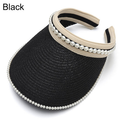 Ljetna prazna kapa za sunčanje Širokog oboda od bisera Ženski šešir za sunčanje Ležerna slamnata kapa Zaštita od UV zraka Šešir sa šiltom za sunce Kapa za plažu Kaki crno-bijela