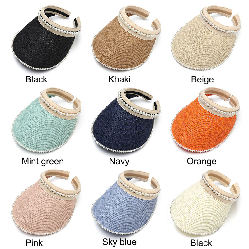 Ljetna prazna kapa za sunčanje Širokog oboda od bisera Ženski šešir za sunčanje Ležerna slamnata kapa Zaštita od UV zraka Šešir sa šiltom za sunce Kapa za plažu Kaki crno-bijela