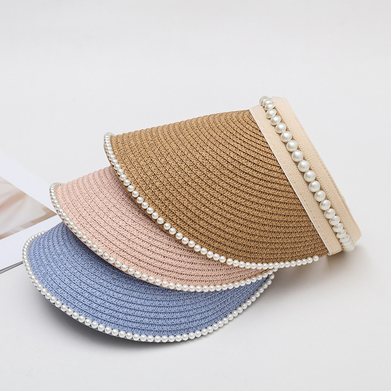 Ljetna prazna kapa za sunčanje Širokog oboda od bisera Ženski šešir za sunčanje Ležerna slamnata kapa Zaštita od UV zraka Šešir sa šiltom za sunce Kapa za plažu Kaki crno-bijela