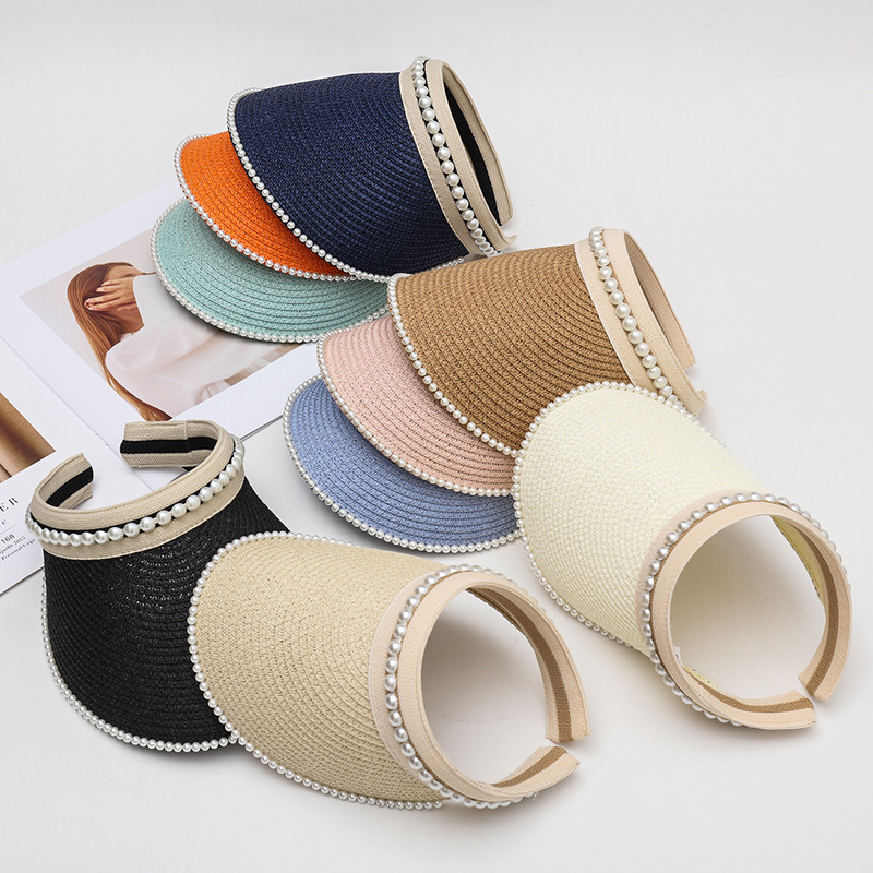 Ljetna prazna kapa za sunčanje Širokog oboda od bisera Ženski šešir za sunčanje Ležerna slamnata kapa Zaštita od UV zraka Šešir sa šiltom za sunce Kapa za plažu Kaki crno-bijela