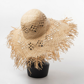 Естествена рафия Лятна слънчева шапка с широка периферия за жени Сламена шапка дамска UV защита Флопи плажна шапка