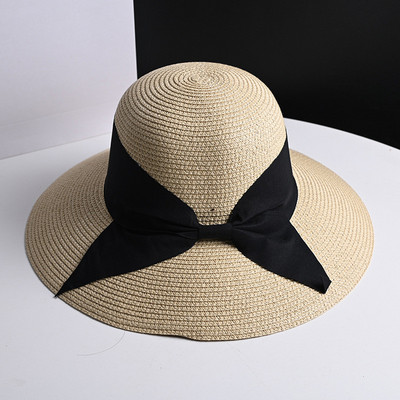 Pălării de paie pliabile clasice cu fundă cu fundă neagră, pentru femei, fete, vară, reglabile cu boruri late, șapci Panama, în aer liber, pălărie cu viziere de plajă