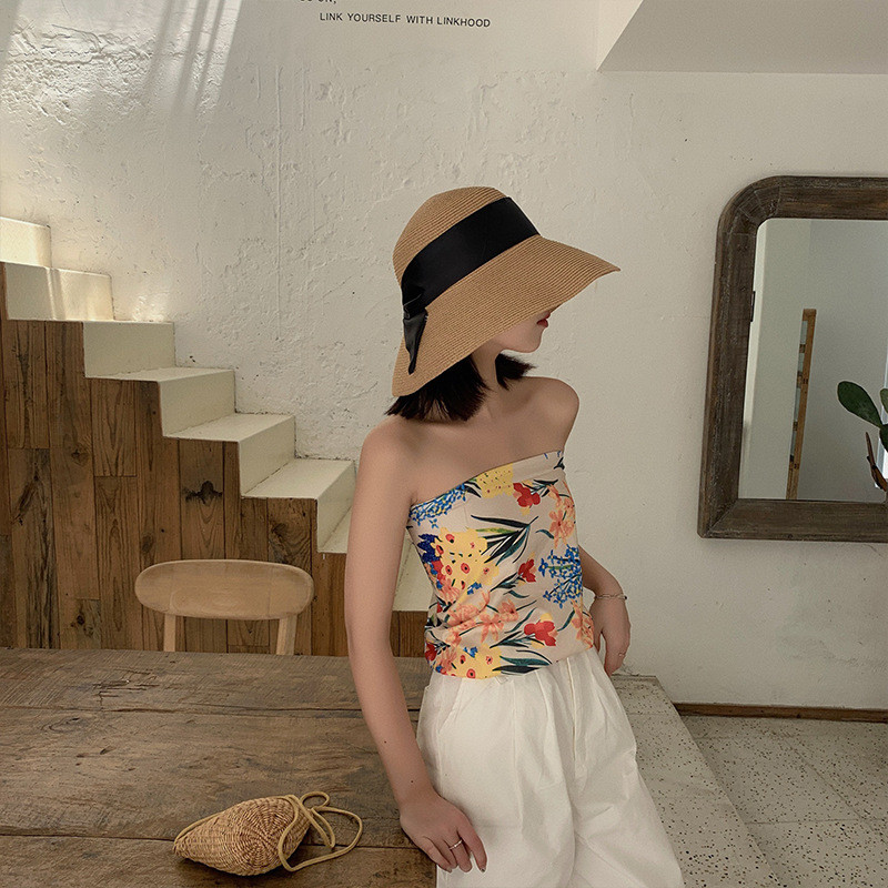 Pălării de paie pliabile clasice cu fundă cu fundă neagră, pentru femei, fete, vară, reglabile cu boruri late, șapci Panama, în aer liber, pălărie cu viziere de plajă