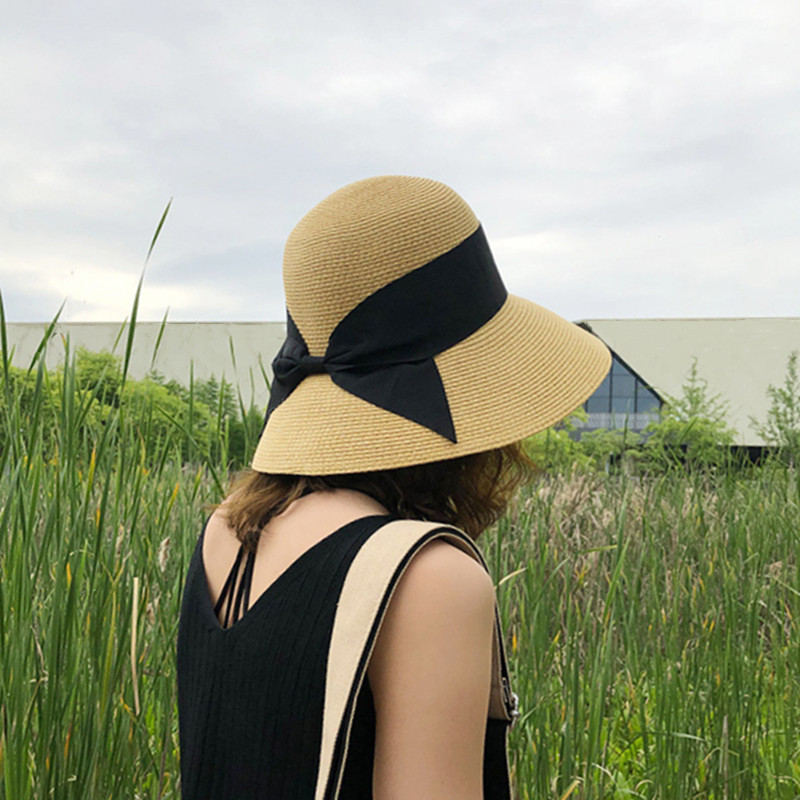 Pălării de paie pliabile clasice cu fundă cu fundă neagră, pentru femei, fete, vară, reglabile cu boruri late, șapci Panama, în aer liber, pălărie cu viziere de plajă
