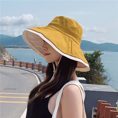 VISROVER sklopivi jednostavni dvostrani ljetni šešir za plažu Ženski ležerni šešir za sunčanje s užetom za vjetar Ženska crna pamučna kapa širokog oboda Poklon