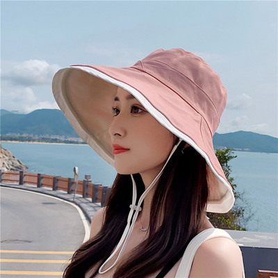 VISROVER sklopivi jednostavni dvostrani ljetni šešir za plažu Ženski ležerni šešir za sunčanje s užetom za vjetar Ženska crna pamučna kapa širokog oboda Poklon