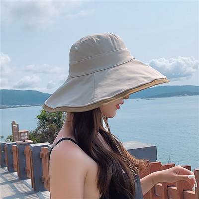 VISROVER sklopivi jednostavni dvostrani ljetni šešir za plažu Ženski ležerni šešir za sunčanje s užetom za vjetar Ženska crna pamučna kapa širokog oboda Poklon