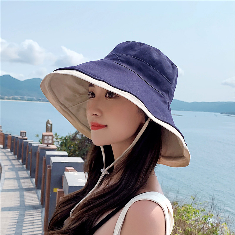 VISROVER sklopivi jednostavni dvostrani ljetni šešir za plažu Ženski ležerni šešir za sunčanje s užetom za vjetar Ženska crna pamučna kapa širokog oboda Poklon