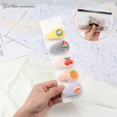 5Pcs/Set Slatka mekana plišana kopča za kosu Djevojka Slatka ukosnica Ukras za glavu Dječja modna crtana kopča sa strane Životinje Voće Dodaci za kosu