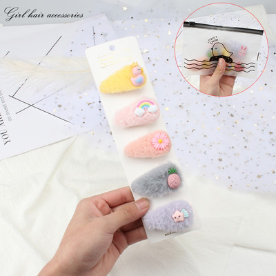 5Pcs/Set Slatka mekana plišana kopča za kosu Djevojka Slatka ukosnica Ukras za glavu Dječja modna crtana kopča sa strane Životinje Voće Dodaci za kosu