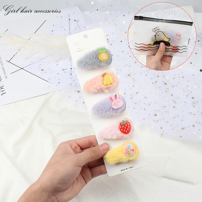 5Pcs/Set Slatka mekana plišana kopča za kosu Djevojka Slatka ukosnica Ukras za glavu Dječja modna crtana kopča sa strane Životinje Voće Dodaci za kosu